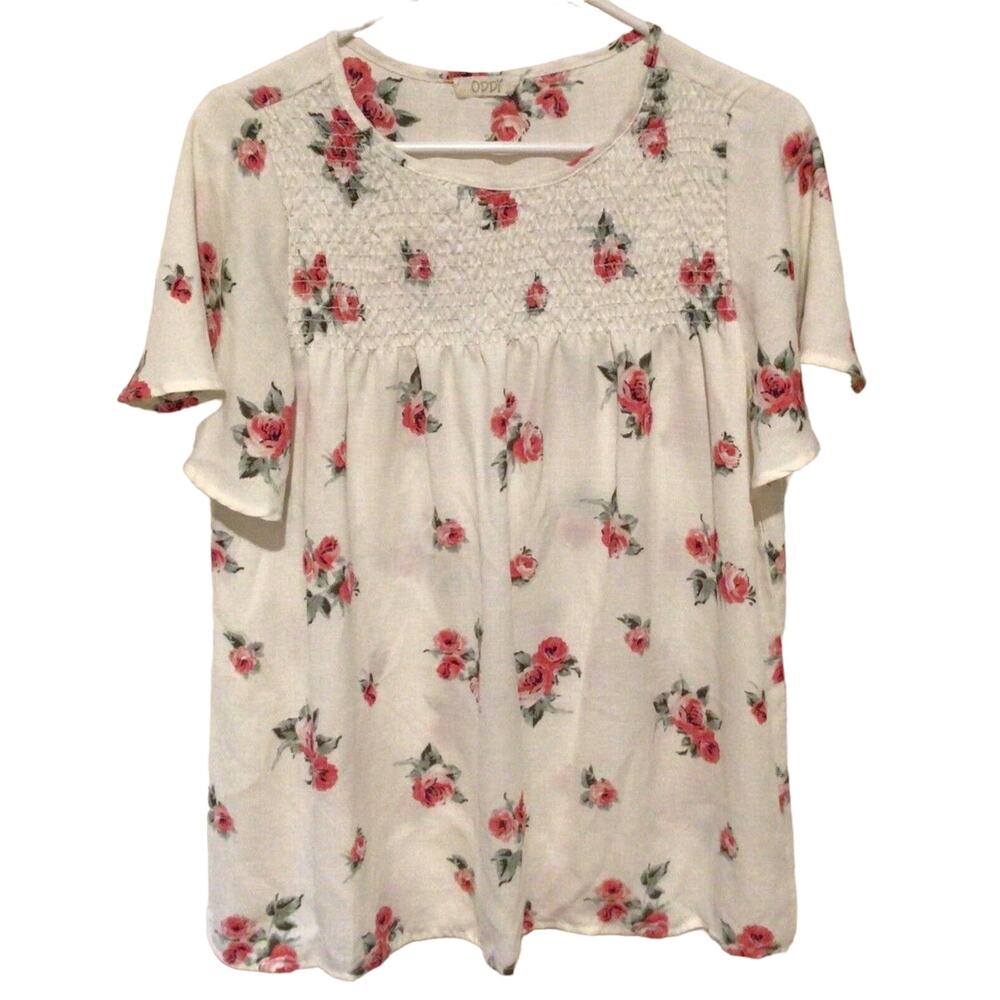 Oddi Women’s White Floral Print Blouse Top Short Sleeve Casual Style Size Medium